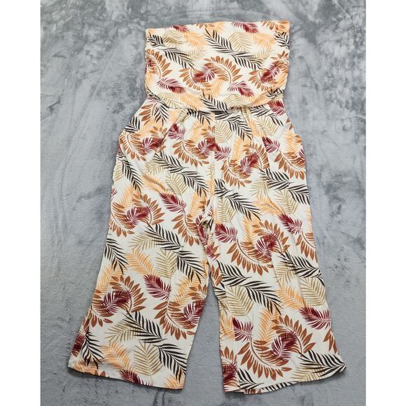 J for Justify Jumpsuit Womens 3X Tan Botanical Leaves Tube Top Crop Wide Leg - Picture 1 of 11